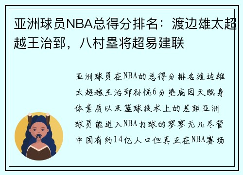 亚洲球员NBA总得分排名：渡边雄太超越王治郅，八村塁将超易建联