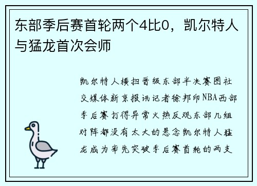 东部季后赛首轮两个4比0，凯尔特人与猛龙首次会师