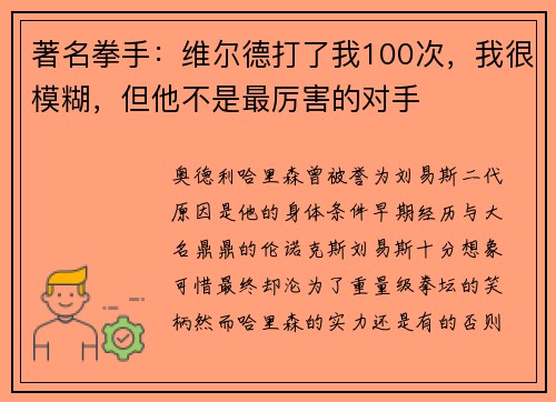 著名拳手：维尔德打了我100次，我很模糊，但他不是最厉害的对手